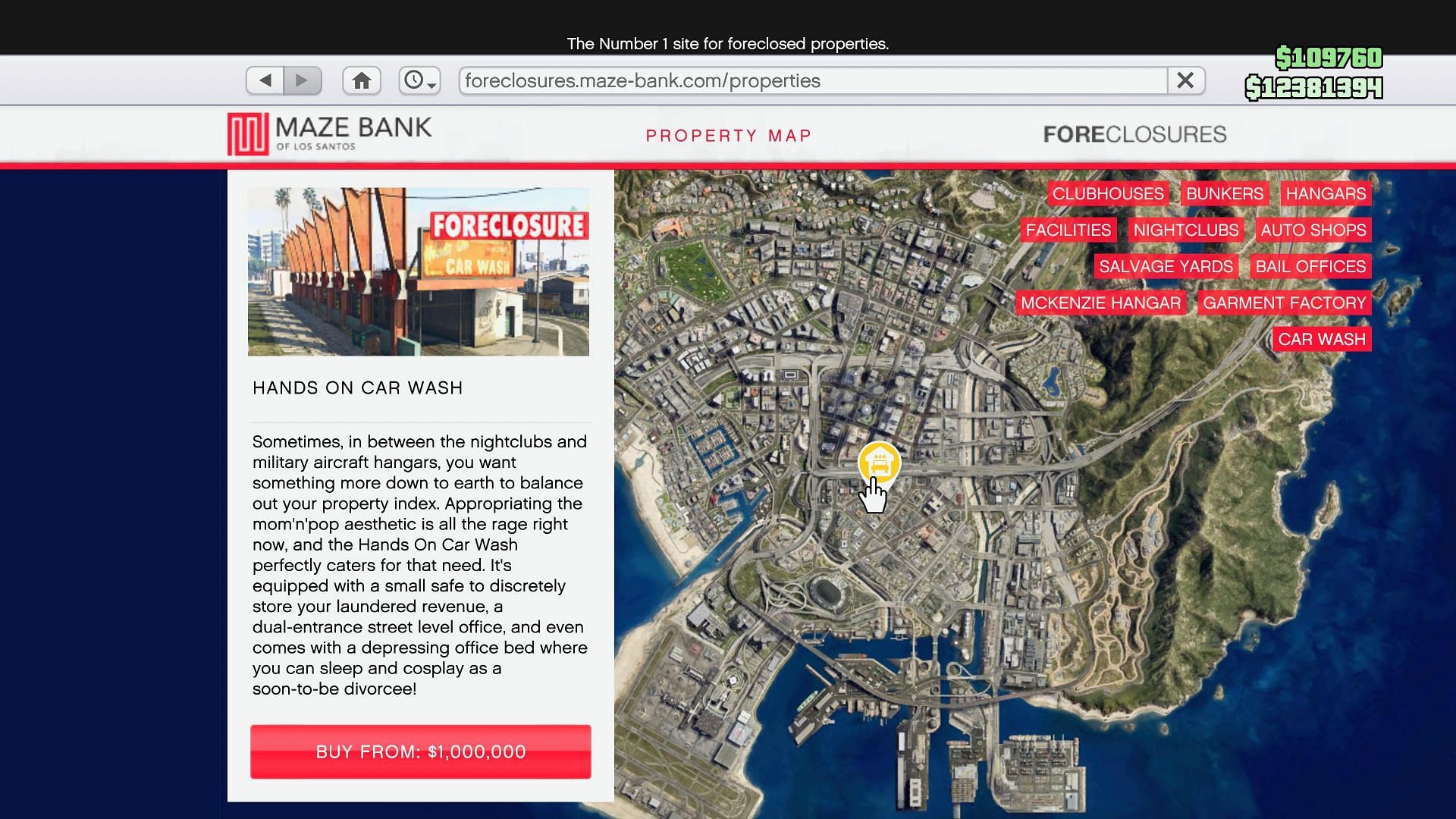 Car Wash on Maze Bank Foreclosures (Image via Rockstar Games)